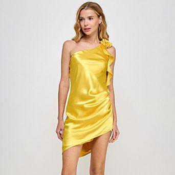 Juniors' Morgan And Co Off The Shoulder Dress With Ruffle Shoulder Detail and Asymetrical Hem