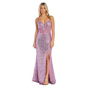 Juniors' Morgan and Co Long Slim Corset Bodice Sequin Maxi Dress