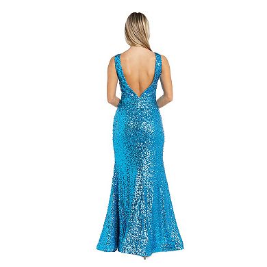 Juniors' Morgan and Co Long V-Neck Sequin Maxi Dress