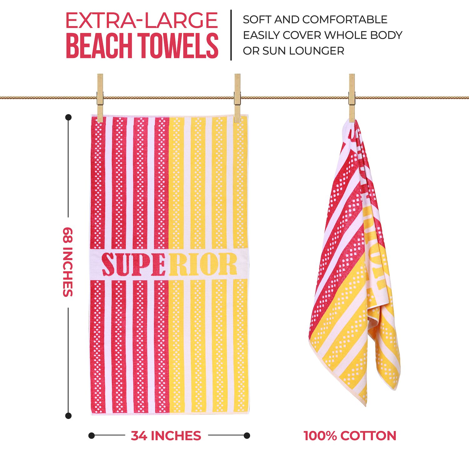 SUPERIOR Racer Stripe Beach Towel - Oversized 35x68 Inches, Fast-Drying Cotton, Blue & Stripe Design