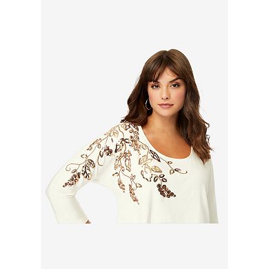 Roaman's Women's Plus Size Three Quarter Sleeve Embellished Tunic