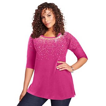 Roaman's Women's Plus Size Three Quarter Sleeve Embellished Tunic