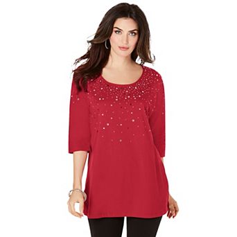 Roaman's Women's Plus Size Three Quarter Sleeve Embellished Tunic