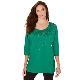 Roaman's Women's Plus Size Three Quarter Sleeve Embellished Tunic