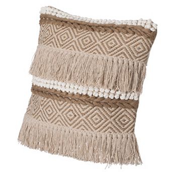 Handwoven Cotton Throw Pillow Cover, Embossed White Dots and Natural Fringed Pattern, Without Filler