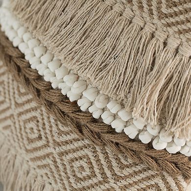 Handwoven Cotton Throw Pillow Cover, Embossed White Dots and Natural Fringed Pattern, Without Filler