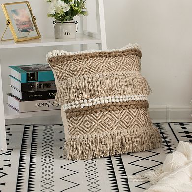 Handwoven Cotton Throw Pillow Cover, Embossed White Dots and Natural Fringed Pattern, Without Filler