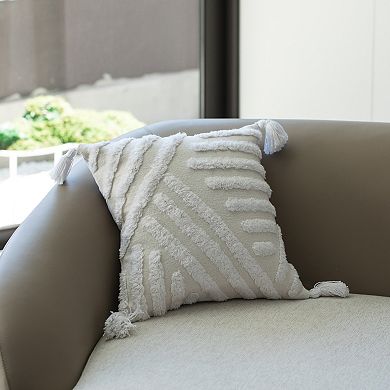 Handwoven Cotton Throw Pillow Cover, White Tufted Line Pattern and Tassel Corners, without Filler