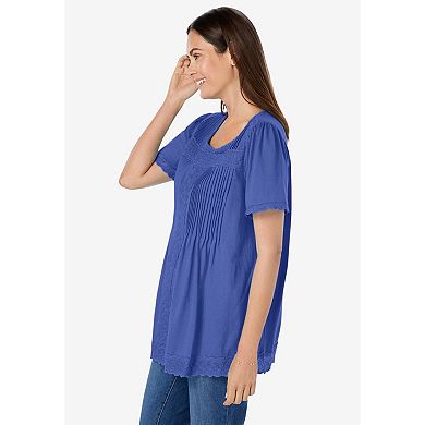 Woman Within Plus Size Lace-Trim Pintucked Tunic