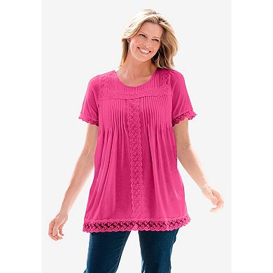Woman Within Plus Size Lace-Trim Pintucked Tunic