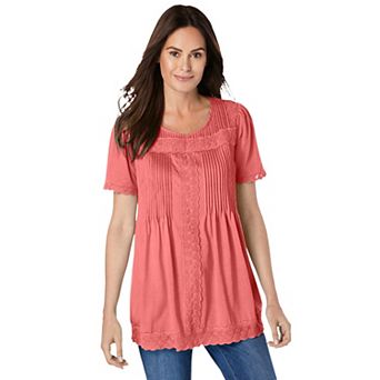 Woman Within Plus Size Lace-Trim Pintucked Tunic