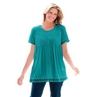 Woman Within Women's Plus Size Lace-Trim Pintucked Tunic
