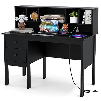 48 Inch Computer Desk With Drawers Power Outlets And 5-Cubby Hutch