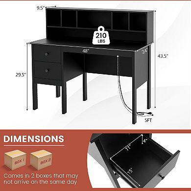 48 Inch Computer Desk With Drawers Power Outlets And 5-Cubby Hutch