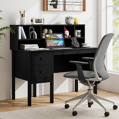 48 Inch Computer Desk With Drawers Power Outlets And 5-Cubby Hutch
