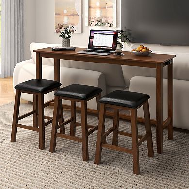 4-Piece Bar Table Set Counter-height Table And 3 Pvc Leather Upholstered Bar Stools-Brown