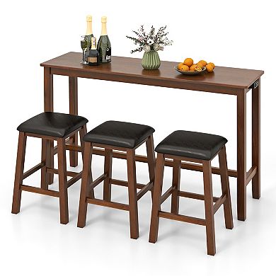 4-Piece Bar Table Set Counter-height Table And 3 Pvc Leather Upholstered Bar Stools-Brown
