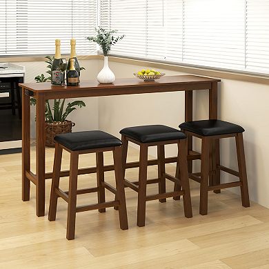 4-Piece Bar Table Set Counter-height Table And 3 Pvc Leather Upholstered Bar Stools-Brown