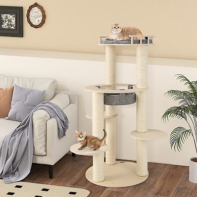 5-level Wooden Cat Tree With Padded Perch Non-woven Hammock