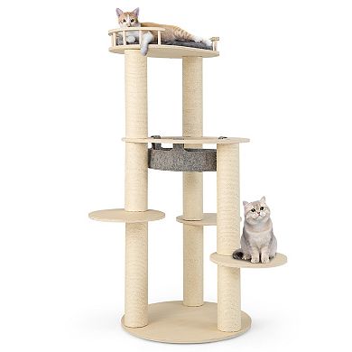 5-level Wooden Cat Tree With Padded Perch Non-woven Hammock