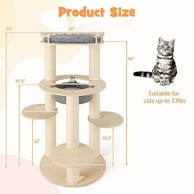 5-level Wooden Cat Tree With Padded Perch Non-woven Hammock