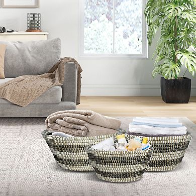 Natural Canes Grass Baskets Stackable Storage Bins Set Of 3 With Hollowed Handles