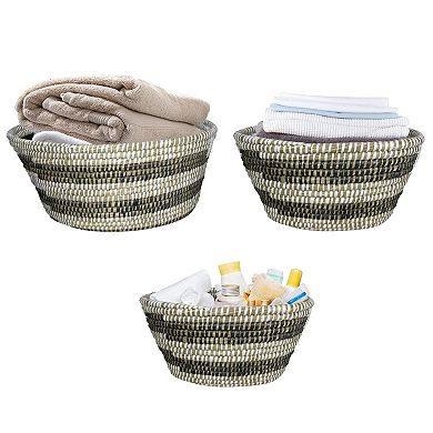 Natural Canes Grass Baskets Stackable Storage Bins Set Of 3 With Hollowed Handles