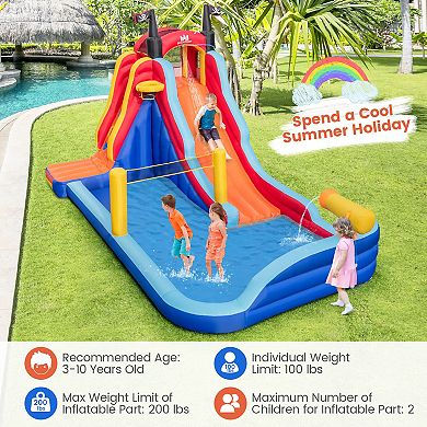 5-in-1 Inflatable Bounce House With 2 Water Slides And Large Splash Pool With 680w Blower