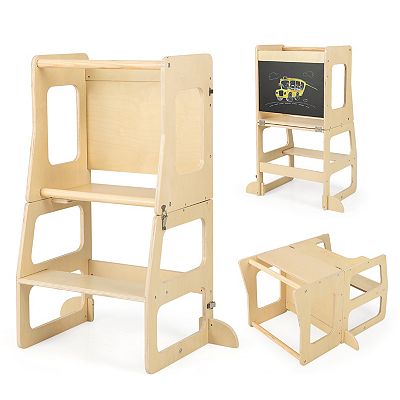 3 in 1 Foldable Kitchen Standing Tower For Toddlers With Chalkboard