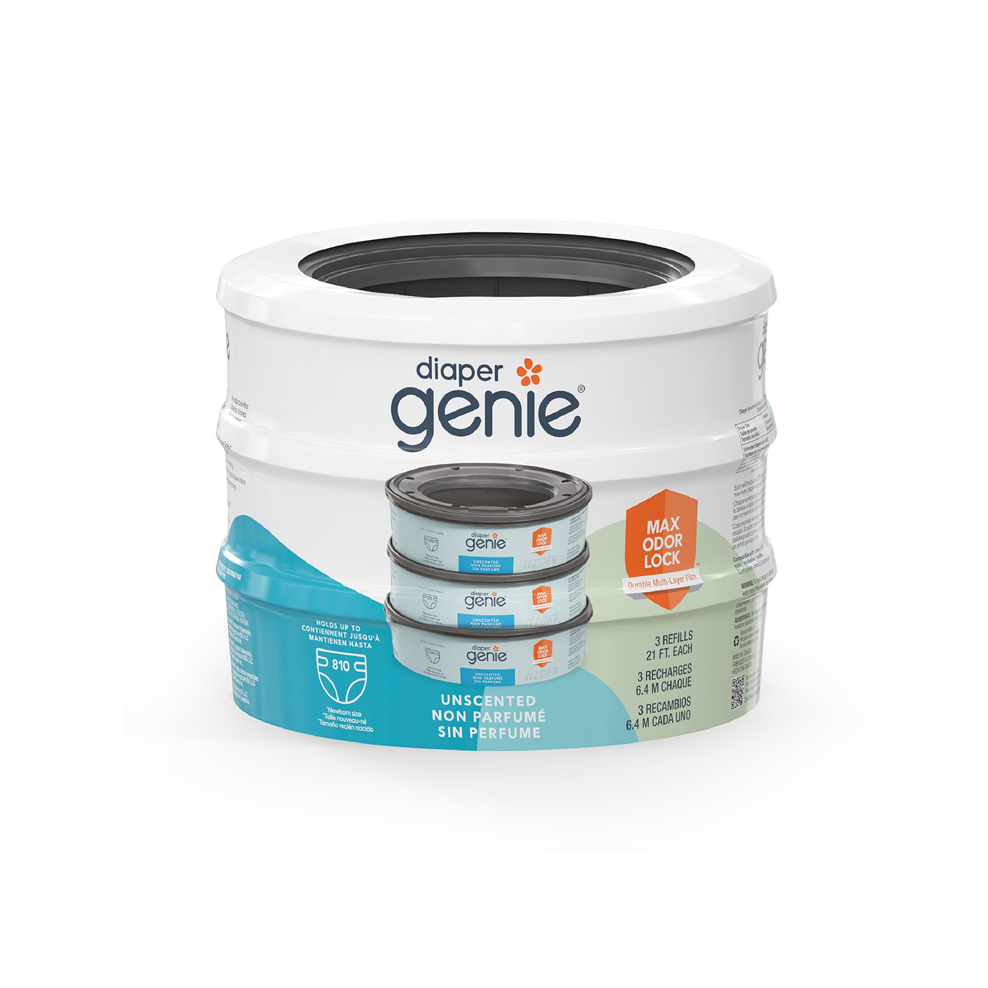 Diaper Genie Unscented 3-Pack Round Refills, Blue