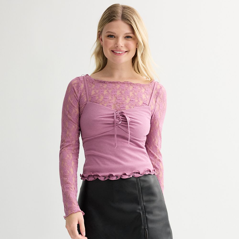 Juniors' Rewind Long Sleeve Lace Twofer Top