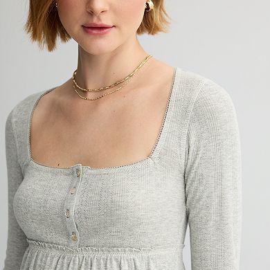 Juniors' Rewind Long Sleeve Pointelle Rib Babydoll Top