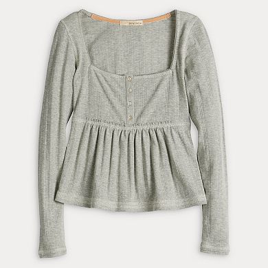 Juniors' Rewind Long Sleeve Pointelle Rib Babydoll Top