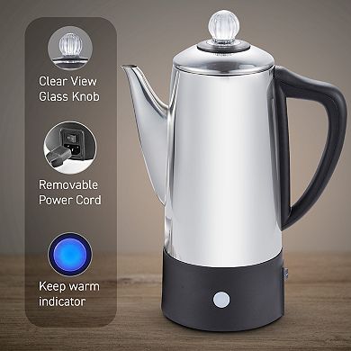 Elite Cuisine 6-Cup Cordless Electric Coffee Percolator, Stainless Steel