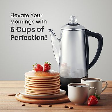 Elite Cuisine 6-Cup Cordless Electric Coffee Percolator, Stainless Steel