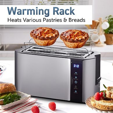 Elite Cuisine Stainless Steel 4 Slice Touch Screen Long Slot Toaster with Bagel Function