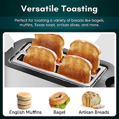 Elite Cuisine Stainless Steel 4 Slice Touch Screen Long Slot Toaster with Bagel Function
