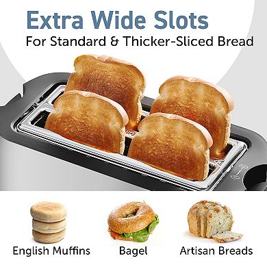 Elite Cuisine Stainless Steel 4 Slice Touch Screen Long Slot Toaster with Bagel Function