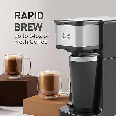 Elite Cuisine Single Serve Personal Coffee Maker with Stainless Steel Travel Mug