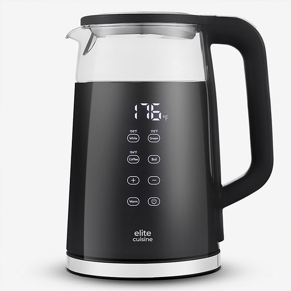 Elite Cuisine 1.8Qt Double Wall Cool Touch Glass Digital Tea Kettle, Keep Warm - Black