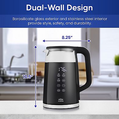 Elite Cuisine 1.8Qt Double Wall Cool Touch Glass Digital Tea Kettle, Keep Warm
