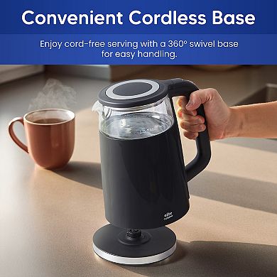 Elite Cuisine 1.8Qt Double Wall Cool Touch Glass Digital Tea Kettle, Keep Warm