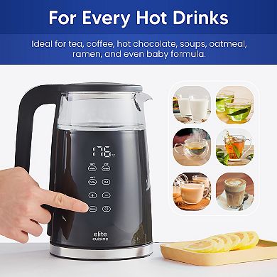 Elite Cuisine 1.8Qt Double Wall Cool Touch Glass Digital Tea Kettle, Keep Warm