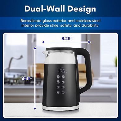 Elite Cuisine 1.8Qt Double Wall Cool Touch Glass Digital Tea Kettle, Keep Warm