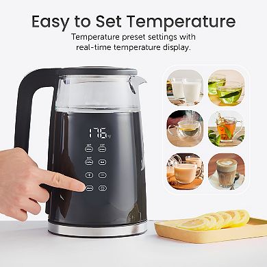 Elite Cuisine 1.8Qt Double Wall Cool Touch Glass Digital Tea Kettle, Keep Warm