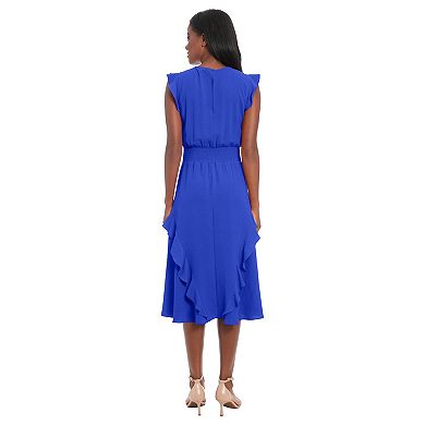 Women's London Times Ruched Waist Ruffle Midi Dress