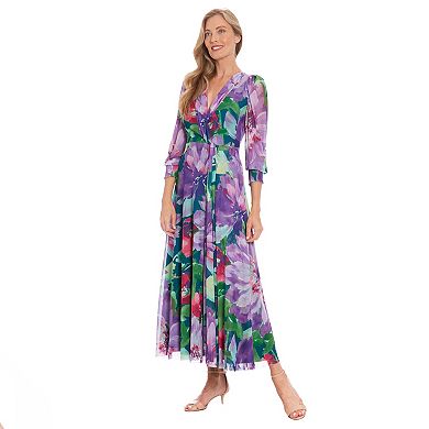 Women's London Times Floral Bishop Sleeve Mesh Surplice Maxi Dress