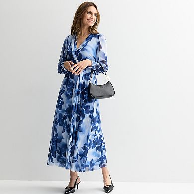 Women's London Times Floral Bishop Sleeve Mesh Surplice Maxi Dress