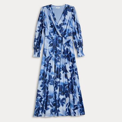 Women's London Times Floral Bishop Sleeve Mesh Surplice Maxi Dress
