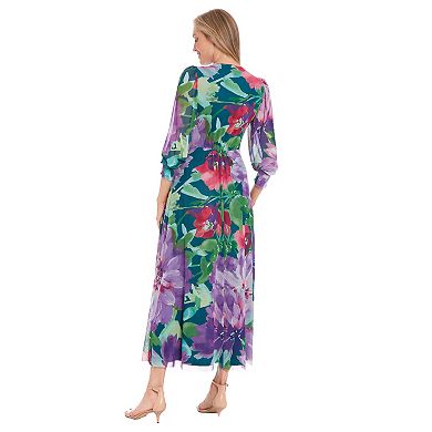 Women's London Times Floral Bishop Sleeve Mesh Surplice Maxi Dress